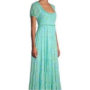 Likely Blue and Green Maxi A-Line Skirt with Smocked Tiered Design